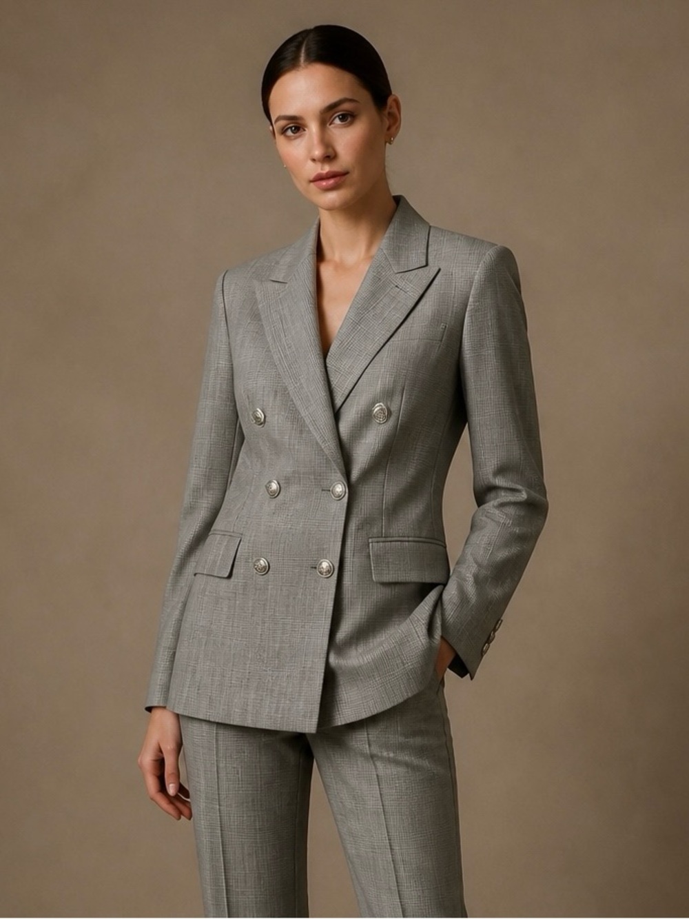 Zara Basic Collection Double-Breasted Light Gray Glen Plaid Blazer